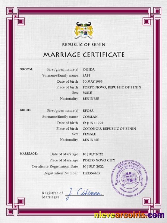 Benin marriage certificate